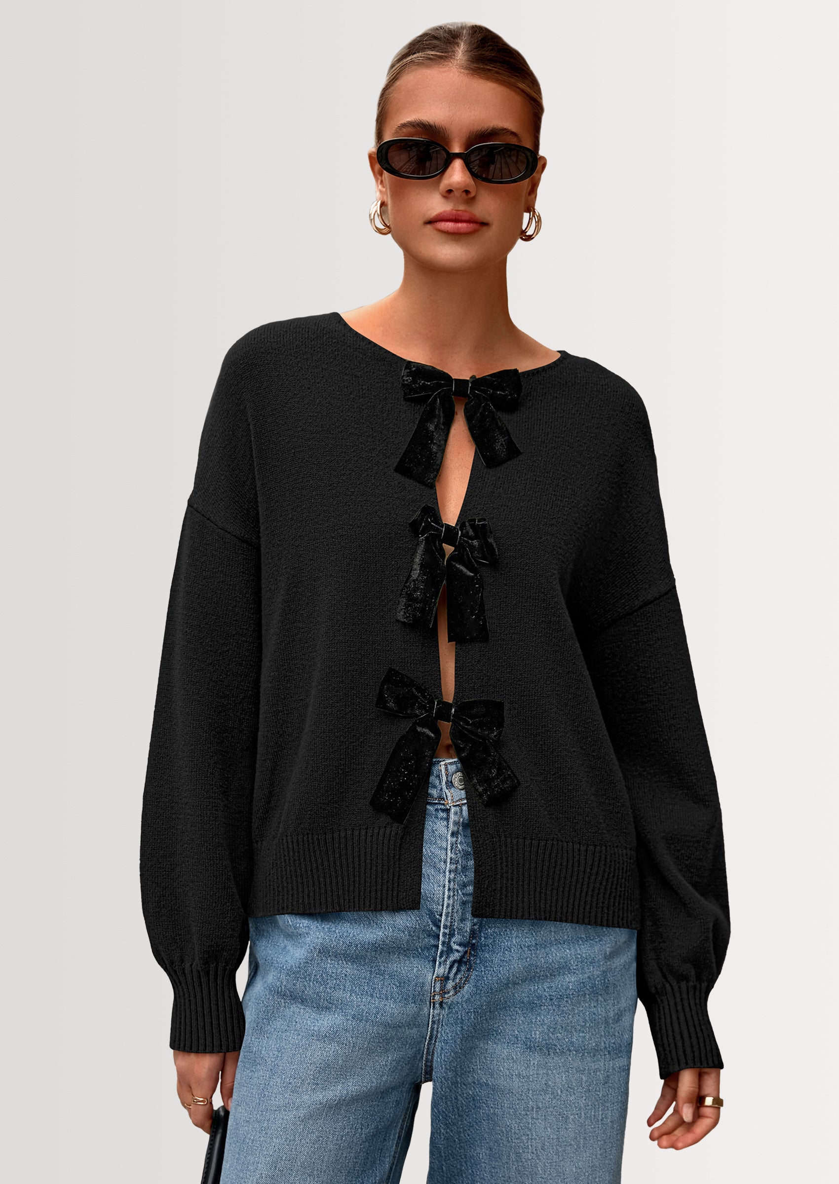 PRETTYGARDEN Cardigan Sweaters for Women Fall Bow Tie Front Long Sleeve Knit Sweater Tops Cute Going Out Outfits