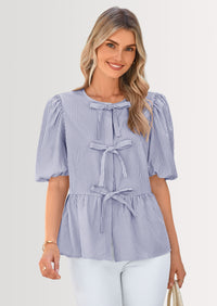 PRETTYGARDEN Women's Tie Front Striped Shirt Summer Trendy Fashion Cute Babydoll Tops Peplum Puffy Sleeve Blouse
