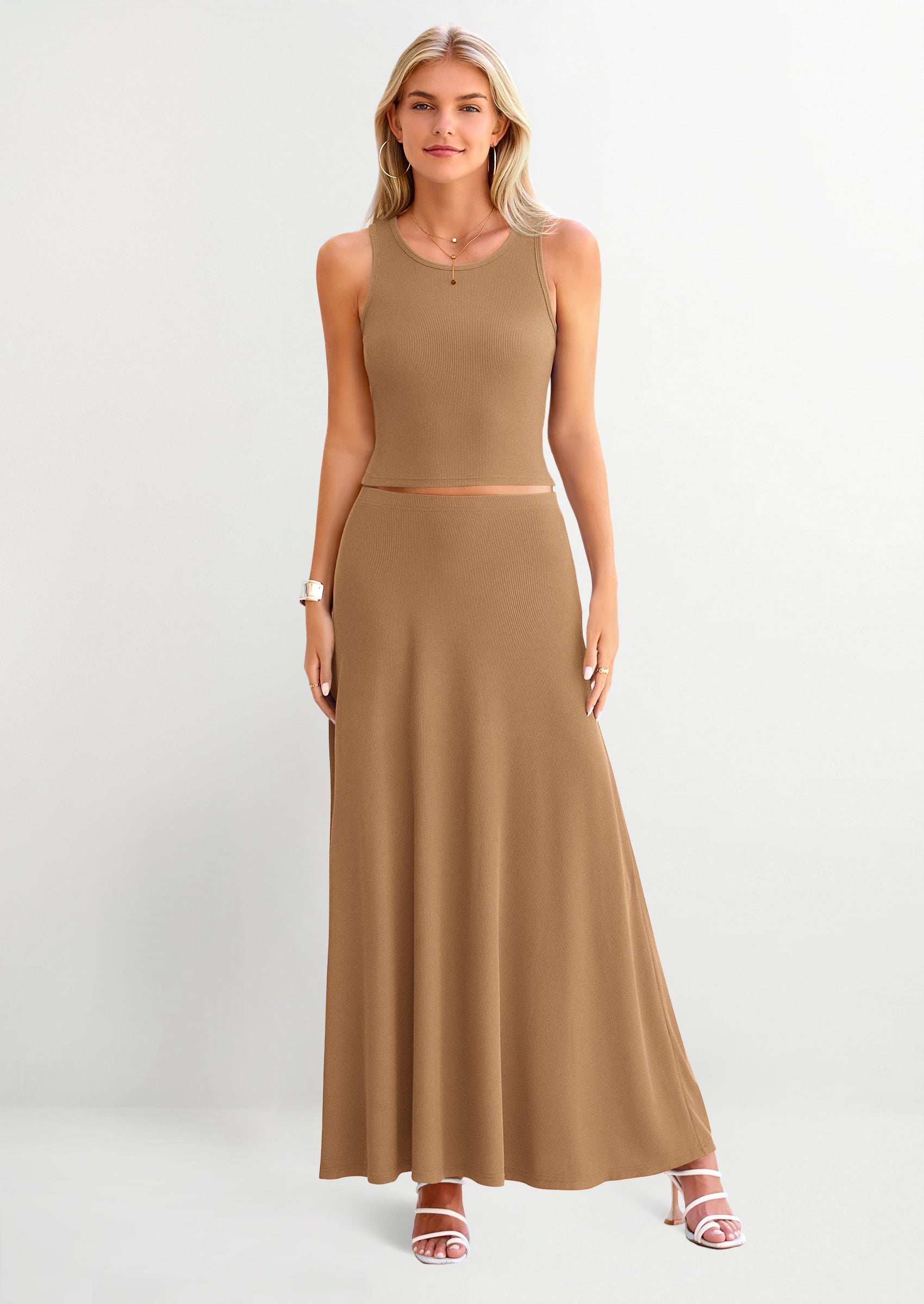 PRETTYGARDEN 2 Piece Maxi Skirt Sets Casual Knit Cropped Tank Top High Waisted Long Skirts Outfit