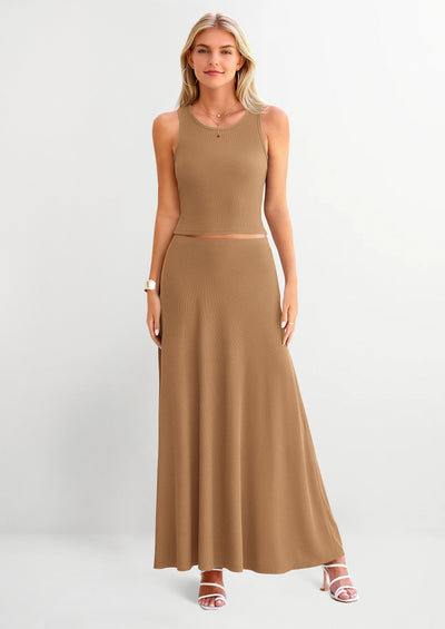 PRETTYGARDEN 2 Piece Maxi Skirt Sets Casual Knit Cropped Tank Top High Waisted Long Skirts Outfit