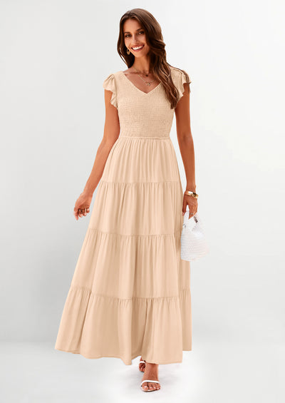 PRETTYGARDEN Women's Flowy Maxi Dress Casual Cap Sleeve V Neck Smocked Beach Sundress