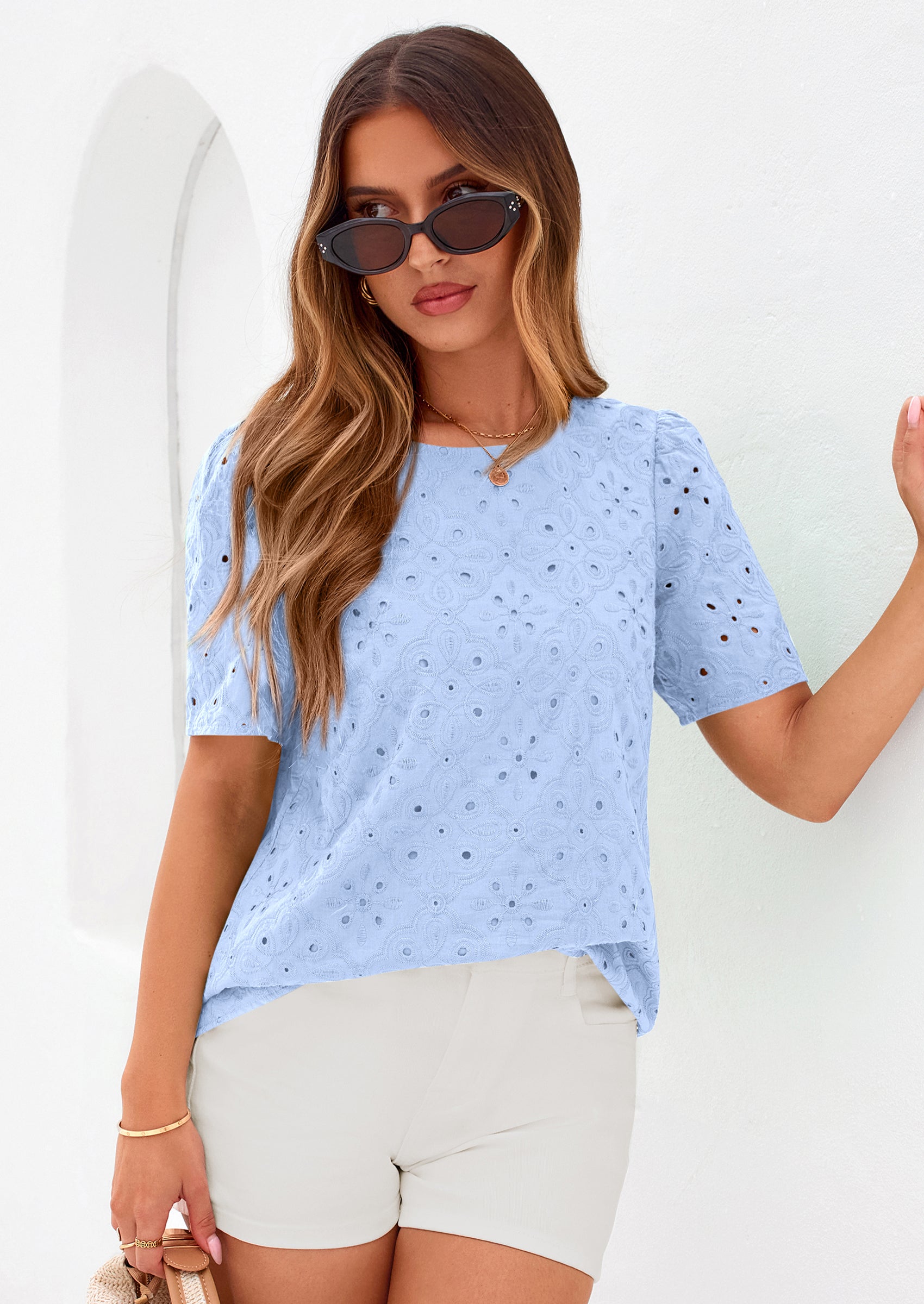 PRETTYGARDEN Women's Puff Short Sleeve Eyelet Shirts Summer Lace Blouses Dressy Casual Work Tops Spring Teacher Clothes PRETTYGARDEN