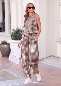 PRETTYGARDEN Womens 2 Piece Sets Summer Plaid Sleeveless Tops Wide Leg Pants Matching Lounge Set Beach Vacation Outfits