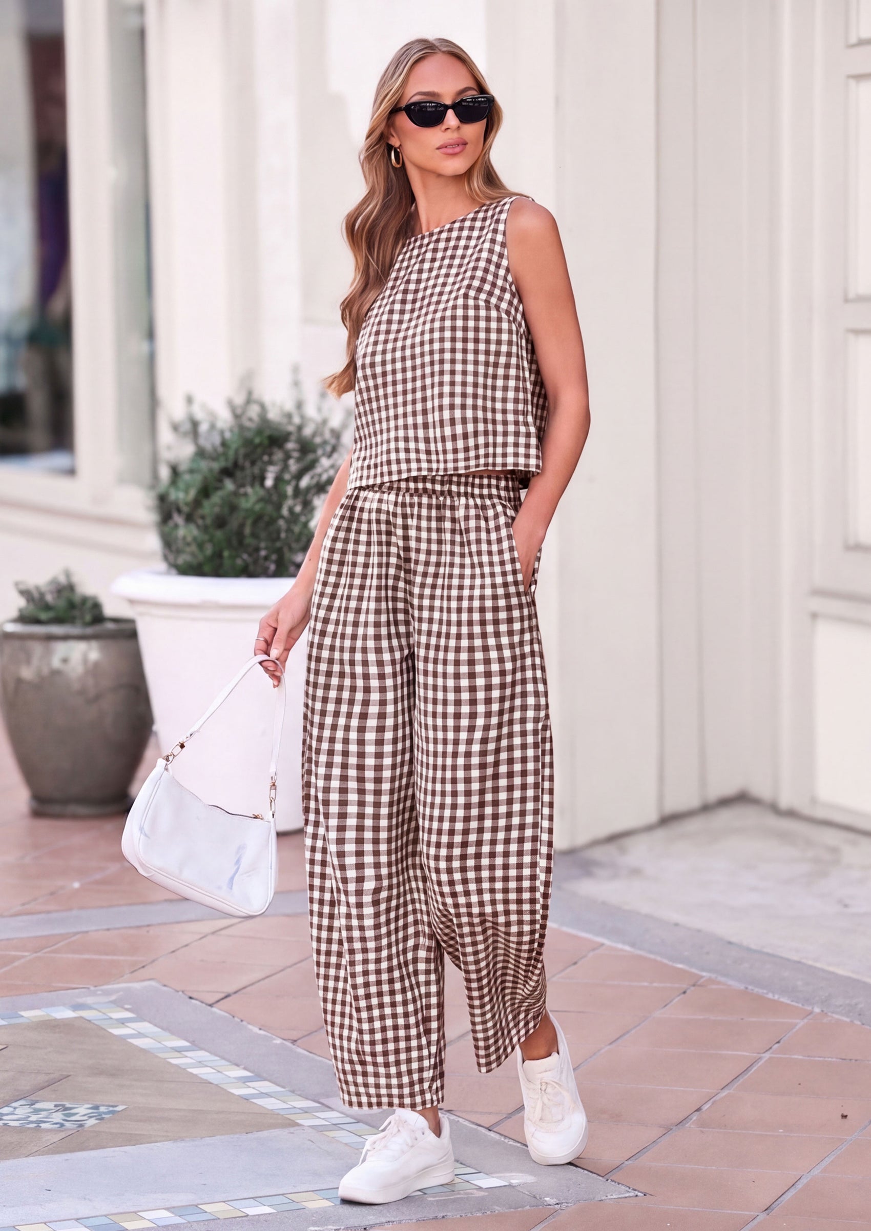 PRETTYGARDEN Womens 2 Piece Sets Summer Plaid Sleeveless Tops Wide Leg Pants Matching Lounge Set Beach Vacation Outfits