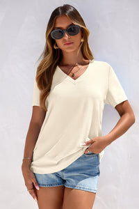 PRETTYGARDEN Women's V Neck T Shirts Summer Short Sleeve Spring Going Out Tops Casual Loose Fit Basic Tees Beach Clothes PRETTYGARDEN