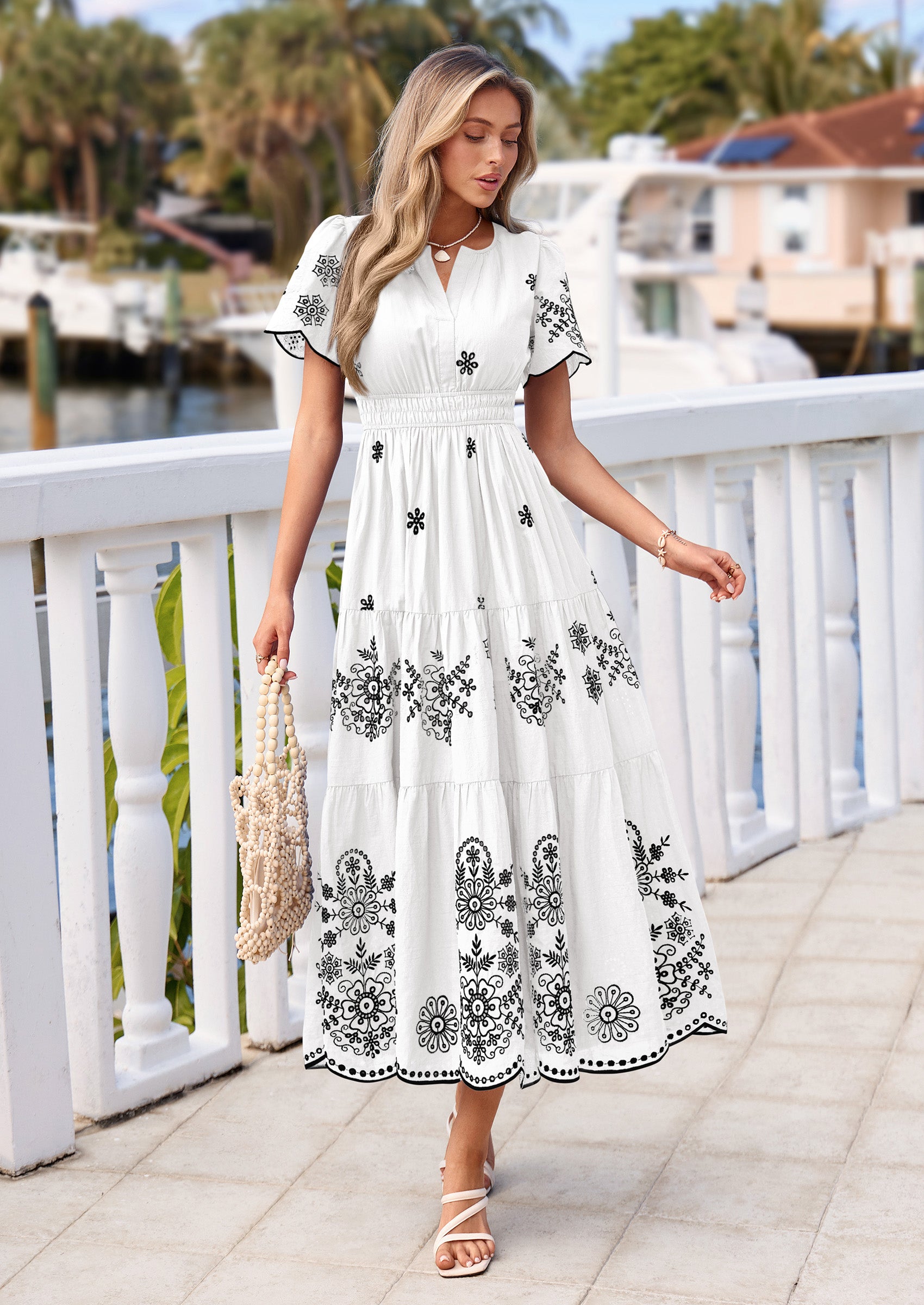 PRETTYGARDEN Boho Dresses for Women Summer Spring Casual Floral Short Sleeve V Neck Maxi Elastic Waist Dress Pockets