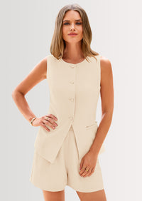 PRETTYGARDEN Two Piece Sets Button Down Suit Vest Tops High Waisted Shorts Business Casual Outfits