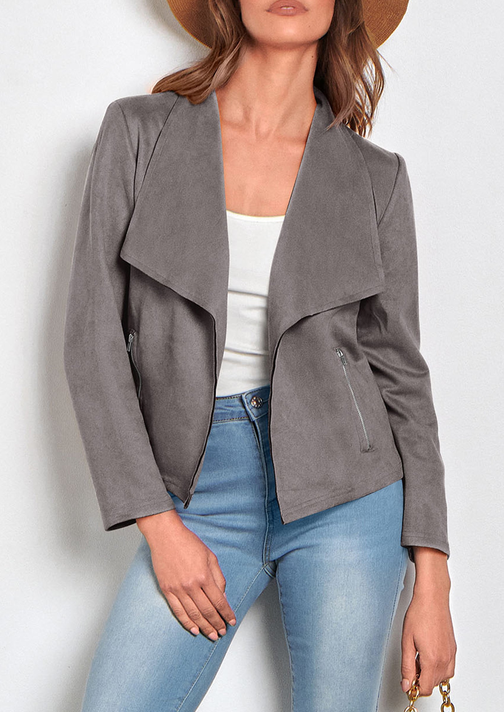 PRETTYGARDEN Women's Faux Suede Jackets Fashion Fall Clothes Long Sleeve Open Front Cropped Coat Outwear