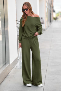 PRETTYGARDEN Womens 2 Piece Casual Matching Lounge Sets  Fashion Off the Shoulder Sweatshirt, Wide Leg Pants with Pockets, Comfy Airport Travel Outfit, 2026 Trendy Fall Set