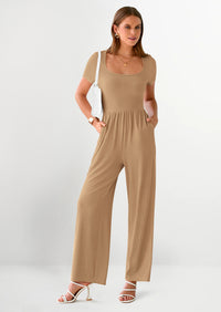 PRETTYGARDEN Women's Summer One Piece Jumpsuits Dressy Casual Short Sleeve Square Neck Wide Leg Jumpsuit Rompers