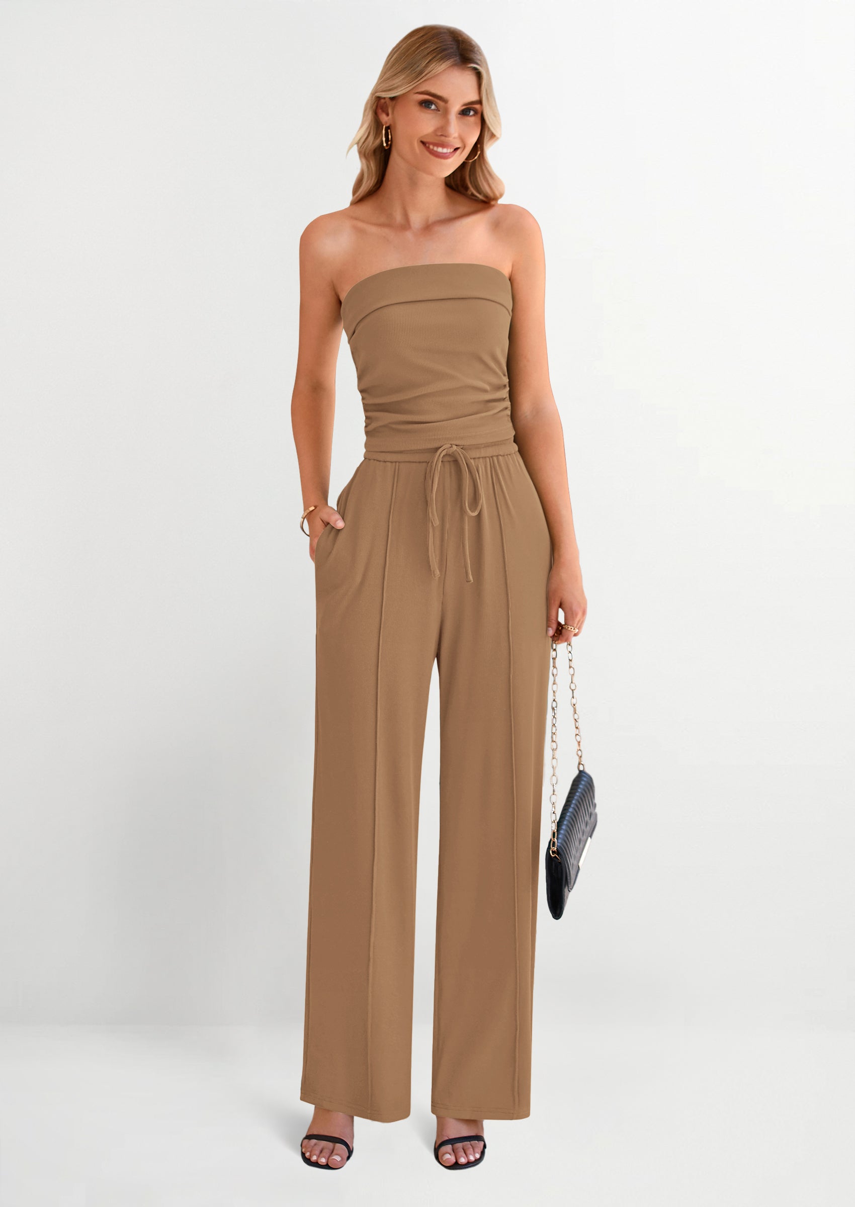 PRETTYGARDEN 2 Piece Sets Casual Ribbed Knit Crop Tube Top Wide Leg Pants Lounge Set