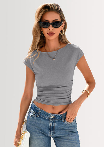 PRETTYGARDEN Women's Ruched Crop Tank Tops Summer Trendy Cap Sleeve Ribbed Knit Basic Fitted Going Out Tee Shirts