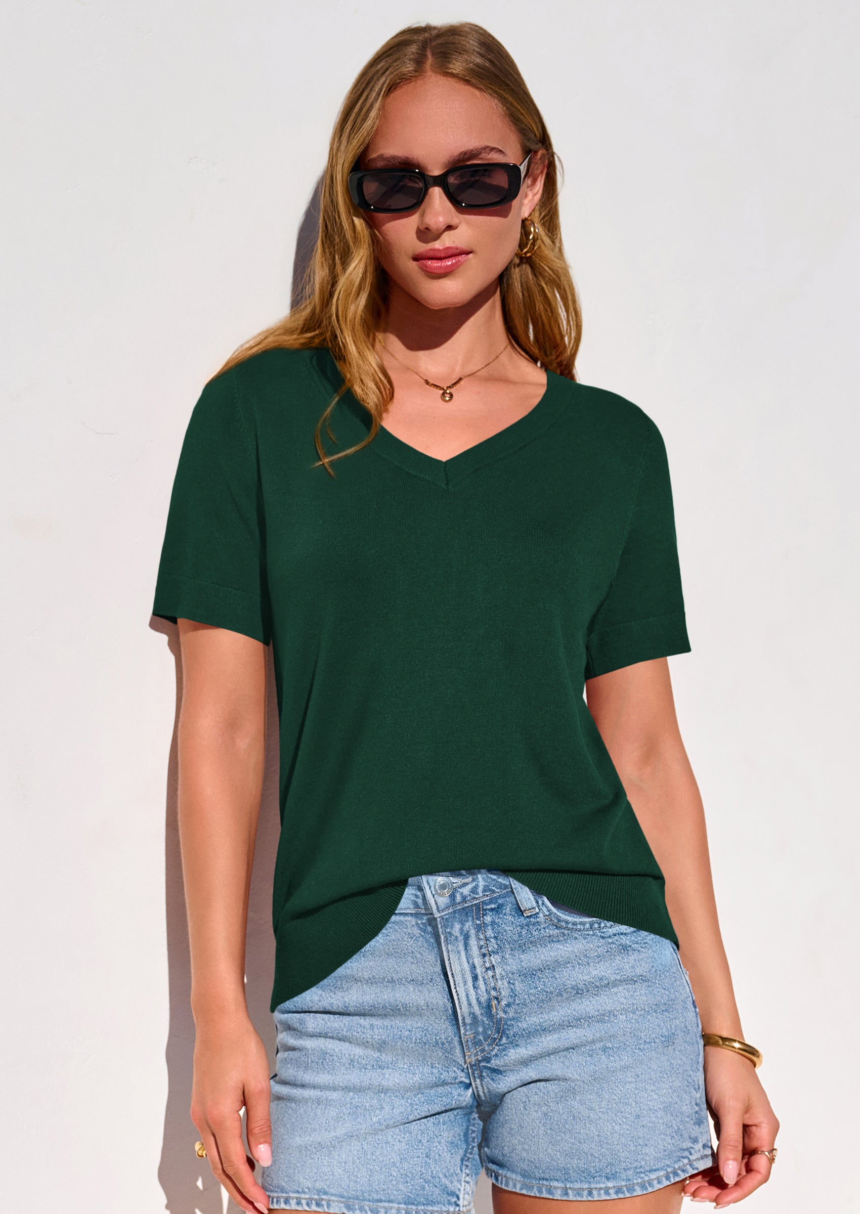 PRETTYGARDEN Womens Short Sleeve Sweater V Neck Trendy Pullover Tops Summer Spring Loose Lightweight Casual Blouse PRETTYGARDEN