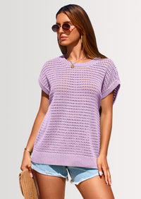 PRETTYGARDEN Womens Spring Tops Summer Shirts Crochet Cap Sleeve Sweater Pullover Cute Beach Vacation Clothes