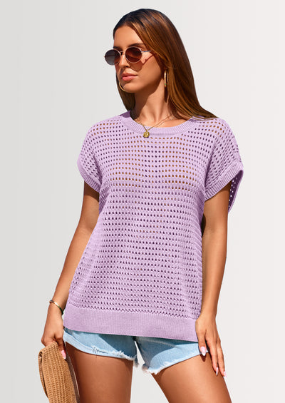 PRETTYGARDEN Womens Spring Tops Summer Shirts Crochet Cap Sleeve Sweater Pullover Cute Beach Vacation Clothes