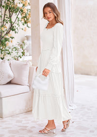 PRETTYGARDEN Fall Wedding Guest Dresses for Women Long Sleeve Square Neck Tiered A Line Modest Elegant Flowy Dresses