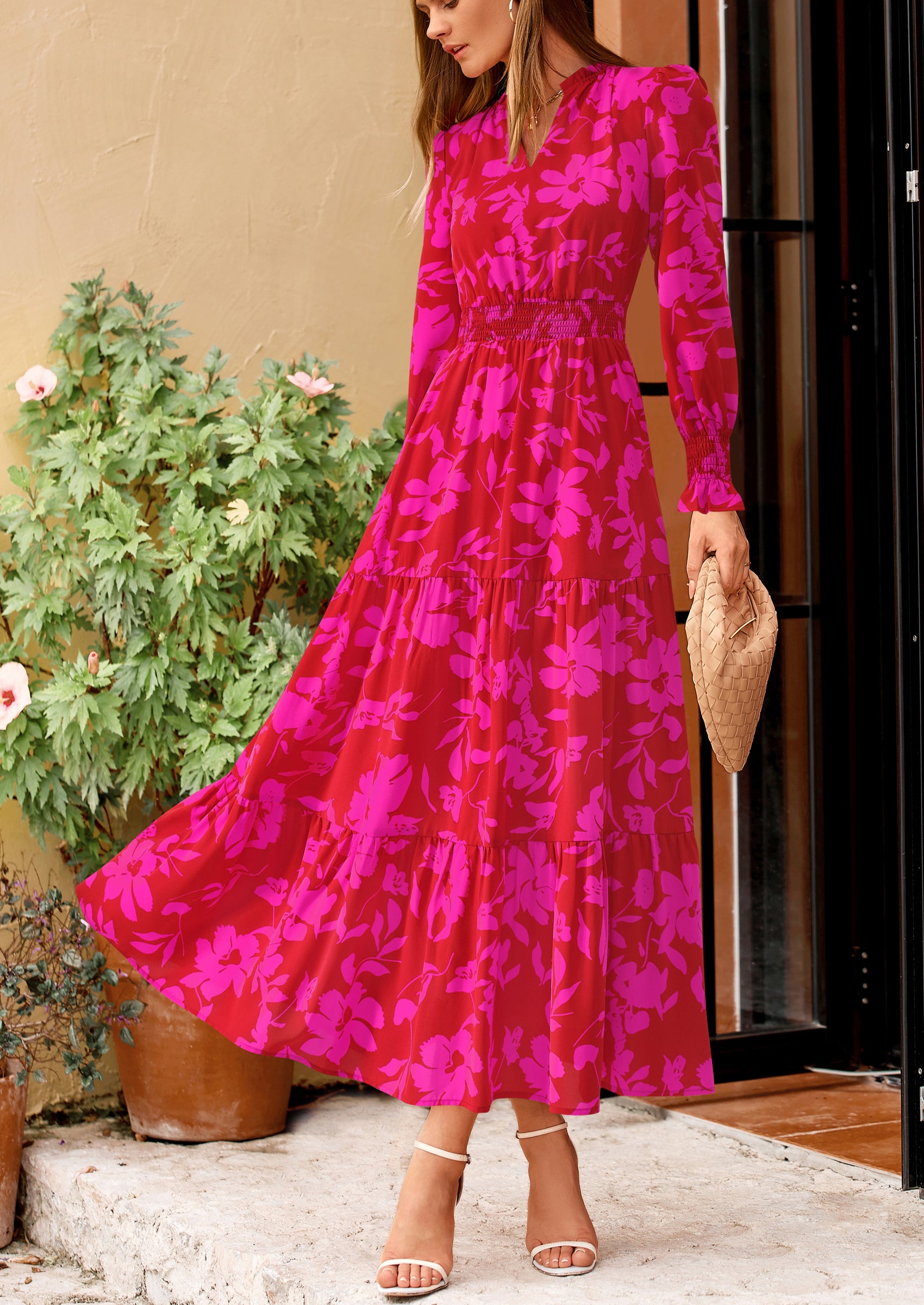 PRETTYGARDEN Women's Floral Maxi Dress Spring Long Sleeve V Neck Casual A Line Long Flowy Boho Party Dresses