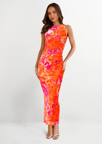 PRETTYGARDEN Wedding Guest Dresses for Women Spring Floral Bodycon Sleeveless Mesh Maxi Long Dress