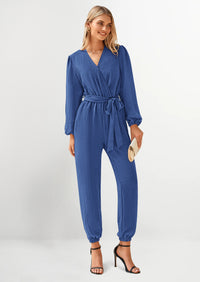 PRETTYGARDEN Women's Fall Jumpsuits Dressy Casual Pants Romper Spring Long Sleeve V Neck Belt Pockets One Piece Outfits