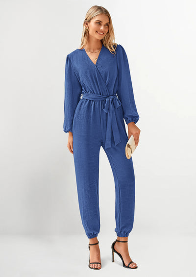 PRETTYGARDEN Women's Fall Jumpsuits Dressy Casual Pants Romper Spring Long Sleeve V Neck Belt Pockets One Piece Outfits