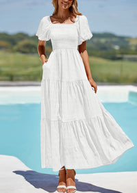 PRETTYGARDEN Womens Summer Puff Short Sleeve Maxi Dress Square Neck Smocked Tiered Ruffle A Line Long Flowy Beach Dresses