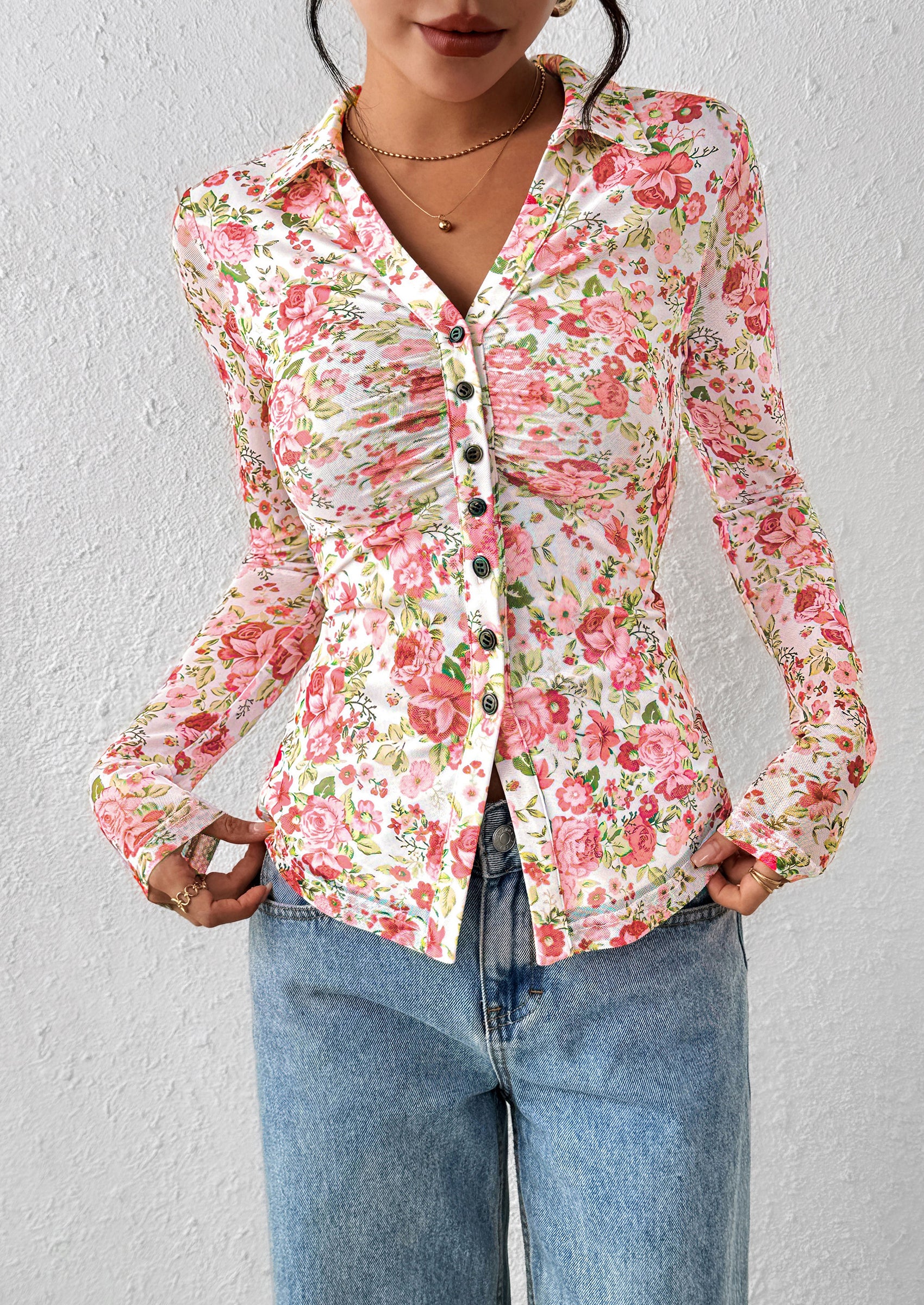 PRETTYGARDEN Women Button Down Floral Shirts Fall Trendy Long Sleeve V Neck Ruched Fitted Mesh Blouse Tops Date Outfits