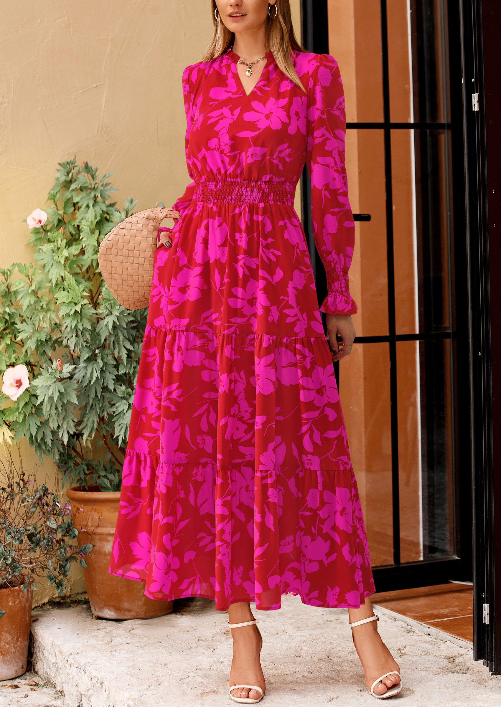 PRETTYGARDEN Women's Floral Maxi Dress Spring Long Sleeve V Neck Casual A Line Long Flowy Boho Party Dresses