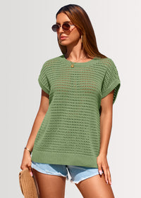 PRETTYGARDEN Womens Spring Tops Summer Shirts Crochet Cap Sleeve Sweater Pullover Cute Beach Vacation Clothes