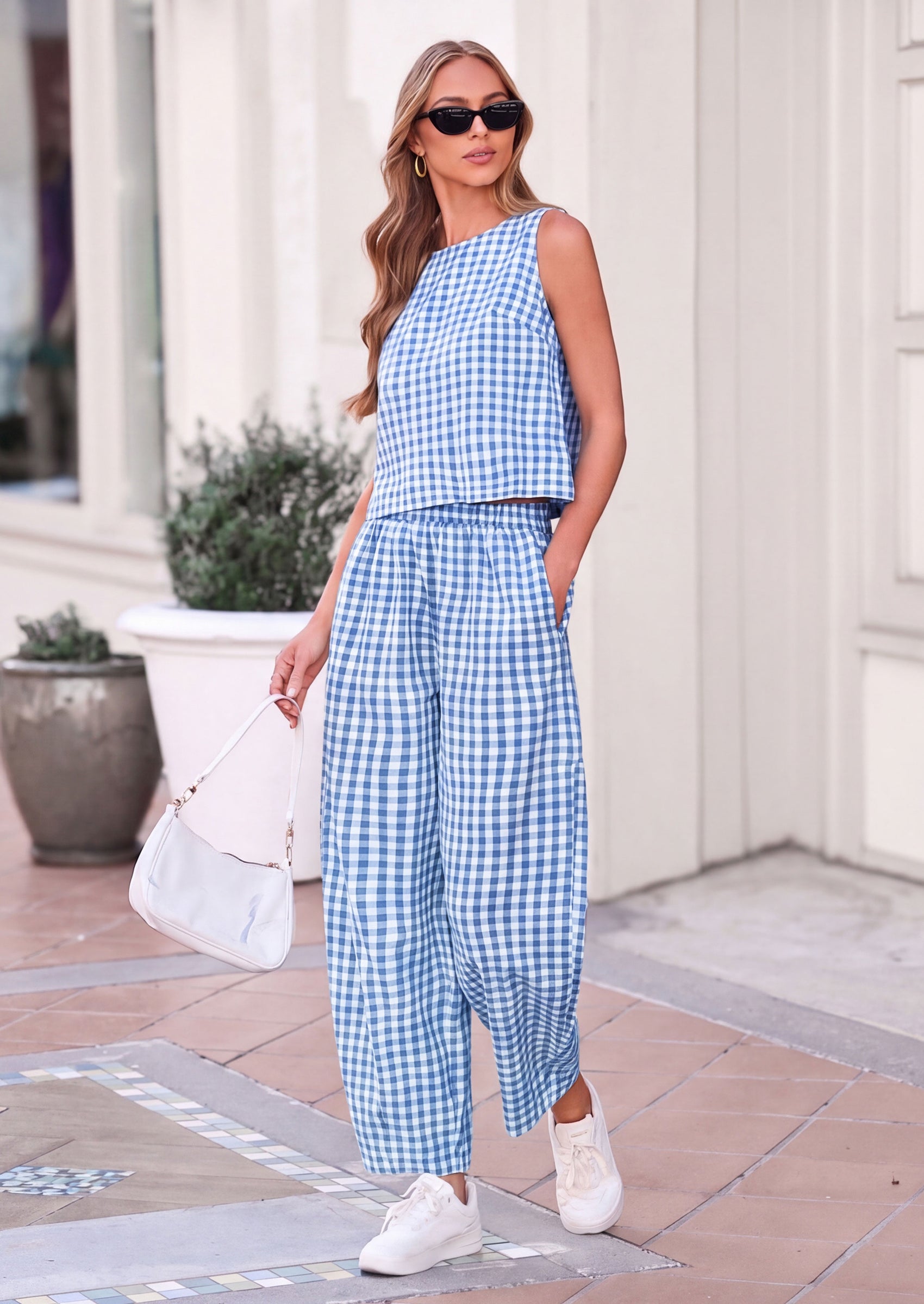 PRETTYGARDEN Womens 2 Piece Sets Summer Plaid Sleeveless Tops Wide Leg Pants Matching Lounge Set Beach Vacation Outfits