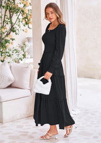 PRETTYGARDEN Fall Wedding Guest Dresses for Women Long Sleeve Square Neck Tiered A Line Modest Elegant Flowy Dresses