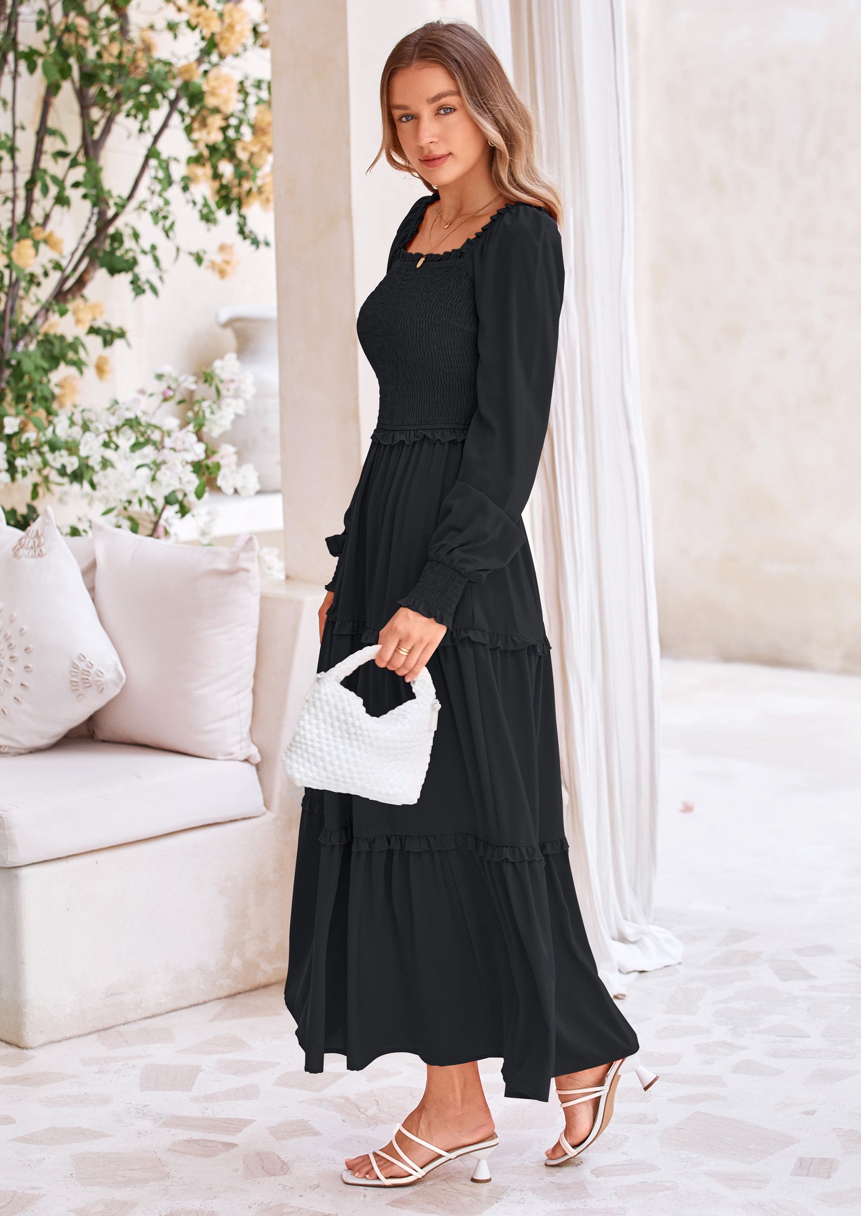 PRETTYGARDEN Fall Wedding Guest Dresses for Women Long Sleeve Square Neck Tiered A Line Modest Elegant Flowy Dresses