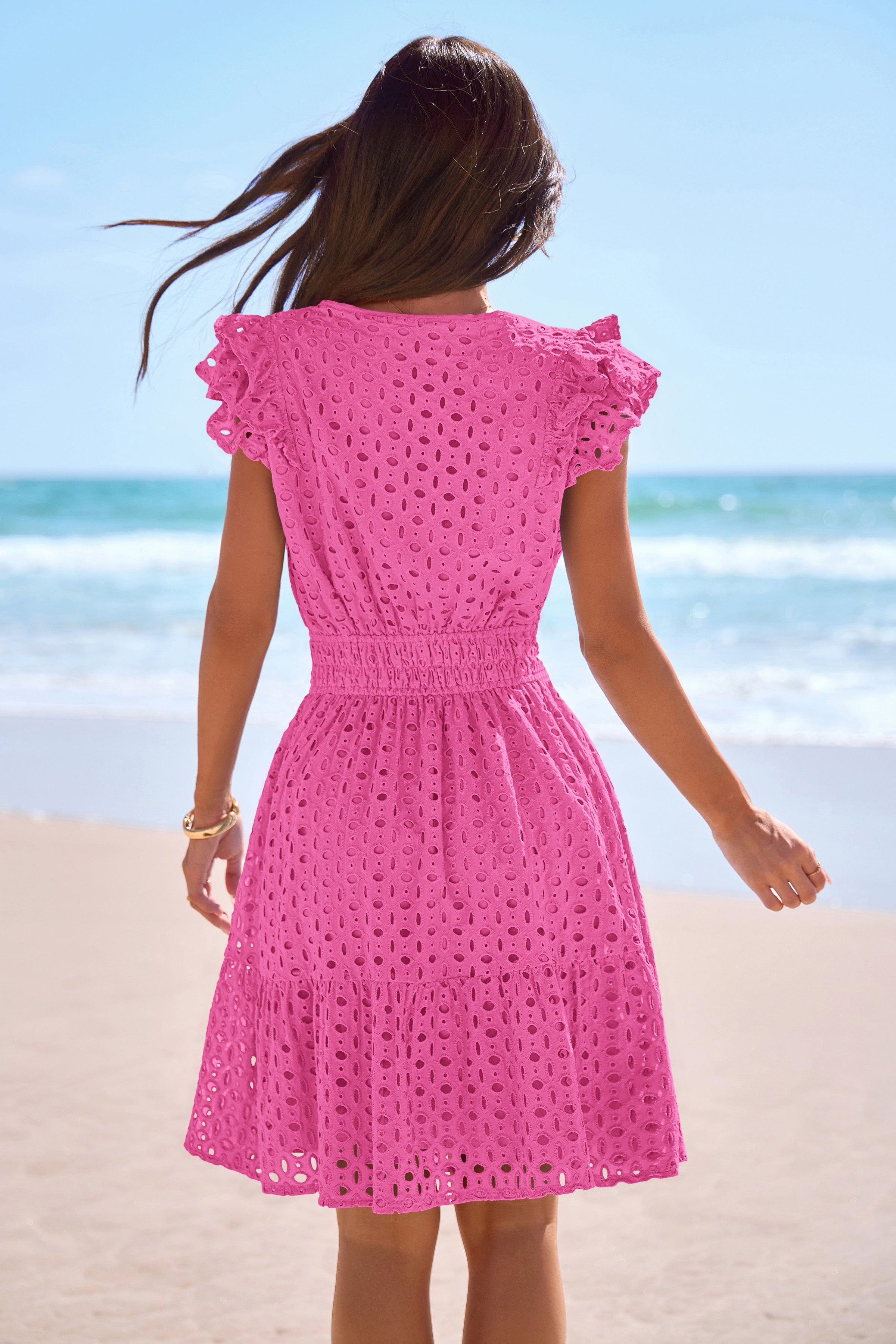 PRETTYGARDEN Women's Summer Sundresses Eyelet Cap Sleeve V Neck Short Boho Wedding Guest Dress Beach Vacation Clothes PRETTYGARDEN