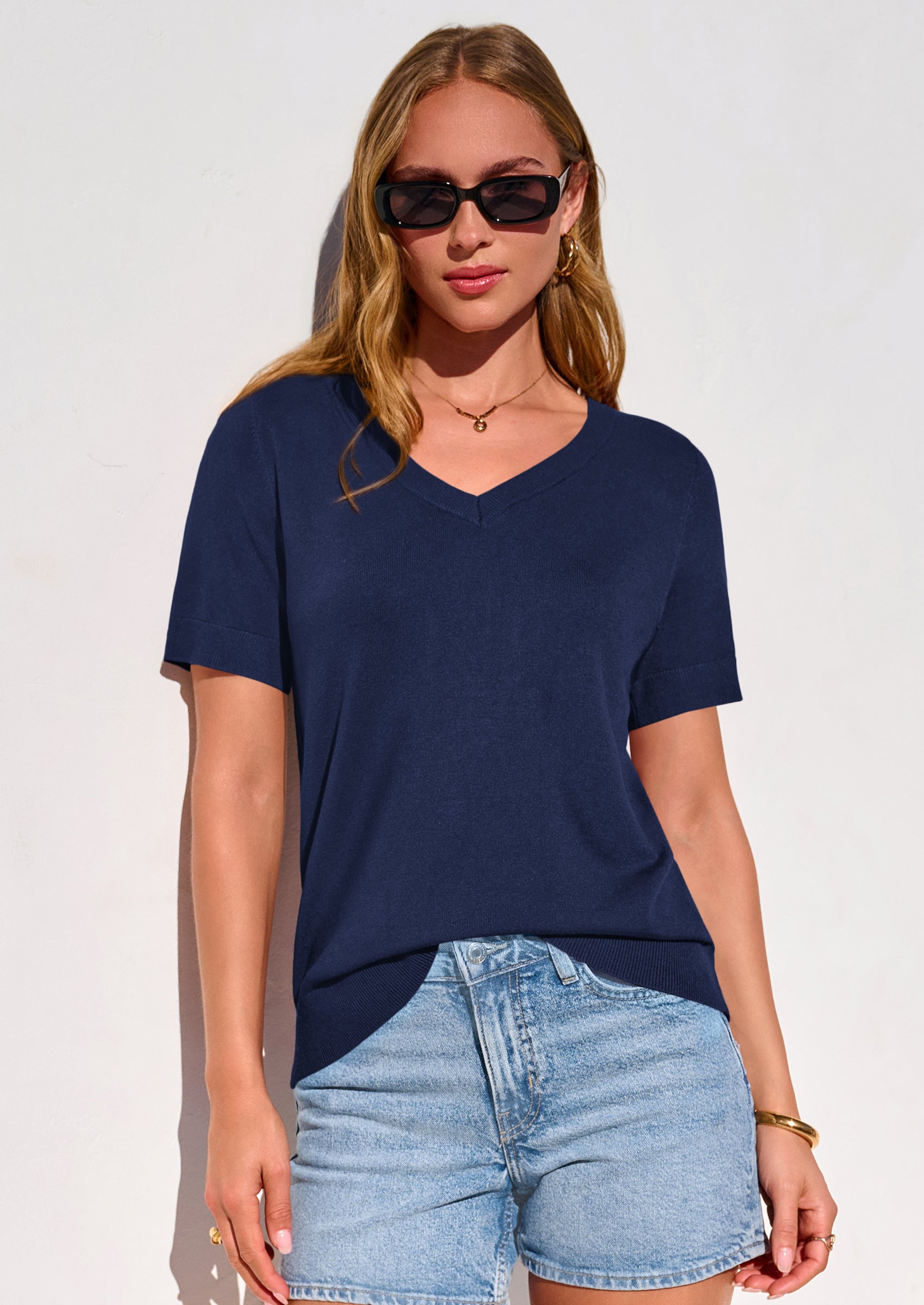 PRETTYGARDEN Womens Short Sleeve Sweater V Neck Trendy Pullover Tops Summer Spring Loose Lightweight Casual Blouse PRETTYGARDEN