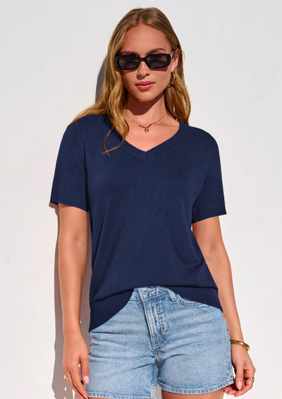 PRETTYGARDEN Womens Short Sleeve Sweater V Neck Trendy Pullover Tops Summer Spring Loose Lightweight Casual Blouse PRETTYGARDEN