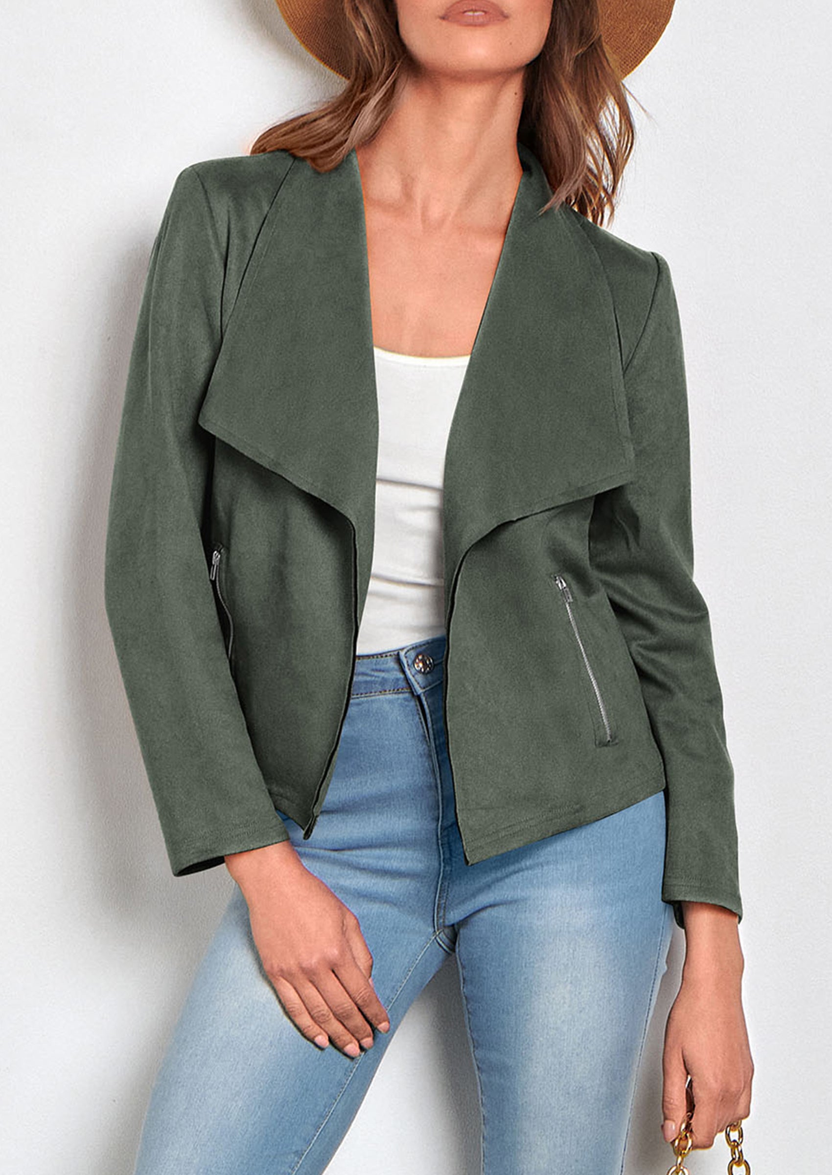 PRETTYGARDEN Women's Faux Suede Jackets Fashion Fall Clothes Long Sleeve Open Front Cropped Coat Outwear