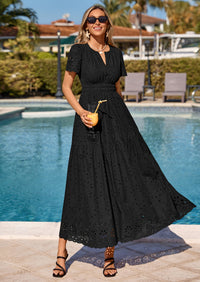 PRETTYGARDEN Short Sleeve Spring Dresses for Women Elegant Classy Boho High Waist A Line Pleated Wedding Guest Dress PRETTYGARDEN