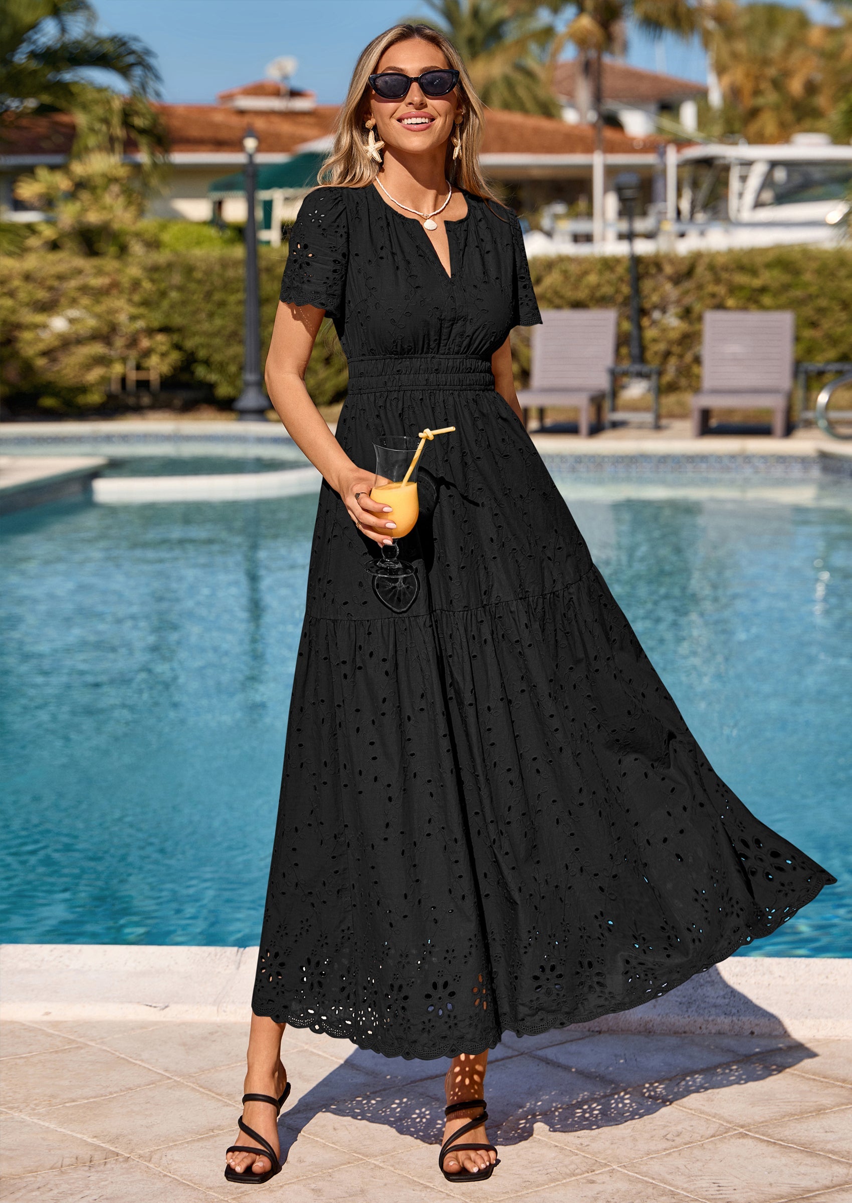 PRETTYGARDEN Short Sleeve Spring Dresses for Women Elegant Classy Boho High Waist A Line Pleated Wedding Guest Dress PRETTYGARDEN