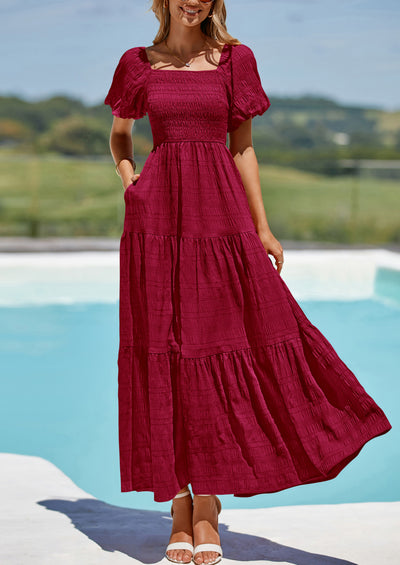 PRETTYGARDEN Womens Summer Puff Short Sleeve Maxi Dress Square Neck Smocked Tiered Ruffle A Line Long Flowy Beach Dresses