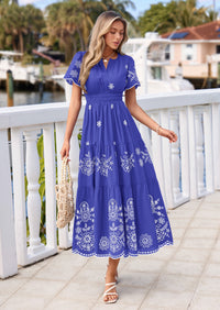 PRETTYGARDEN Boho Dresses for Women Summer Spring Casual Floral Short Sleeve V Neck Maxi Elastic Waist Dress Pockets