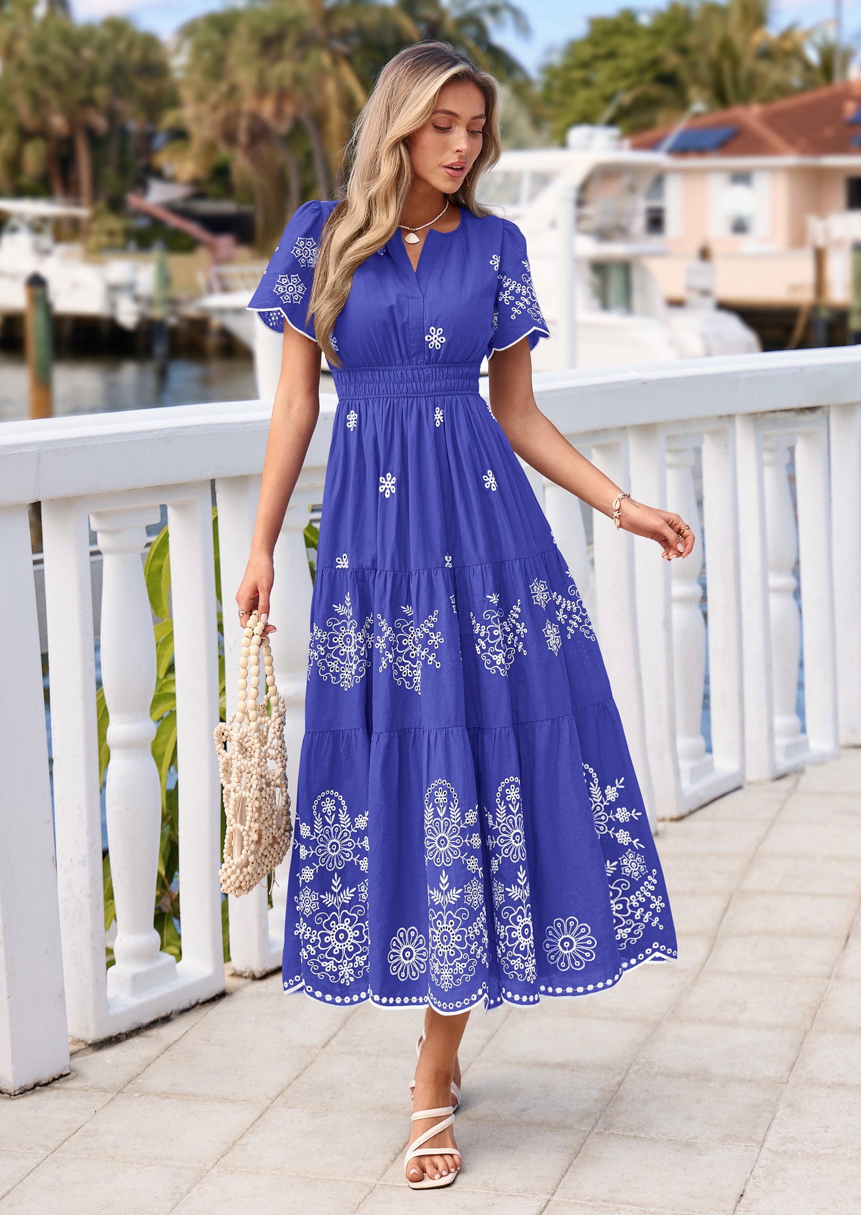 PRETTYGARDEN Boho Dresses for Women Summer Spring Casual Floral Short Sleeve V Neck Maxi Elastic Waist Dress Pockets