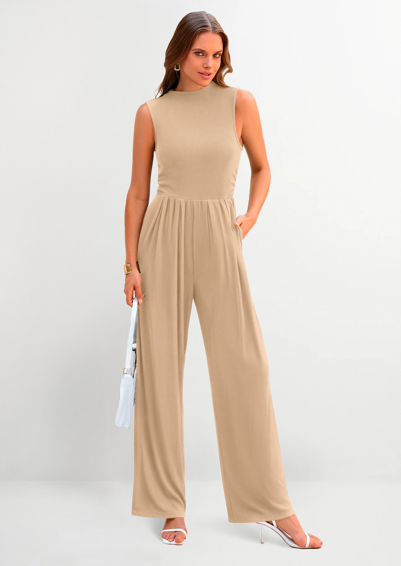 PRETTYGARDEN Womens Summer Jumpsuits Dressy Casual One Piece Outfits Sleeveless Mock Neck Wide Leg Pants Rompers with Pockets