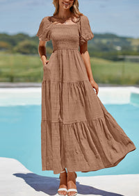 PRETTYGARDEN Womens Summer Puff Short Sleeve Maxi Dress Square Neck Smocked Tiered Ruffle A Line Long Flowy Beach Dresses