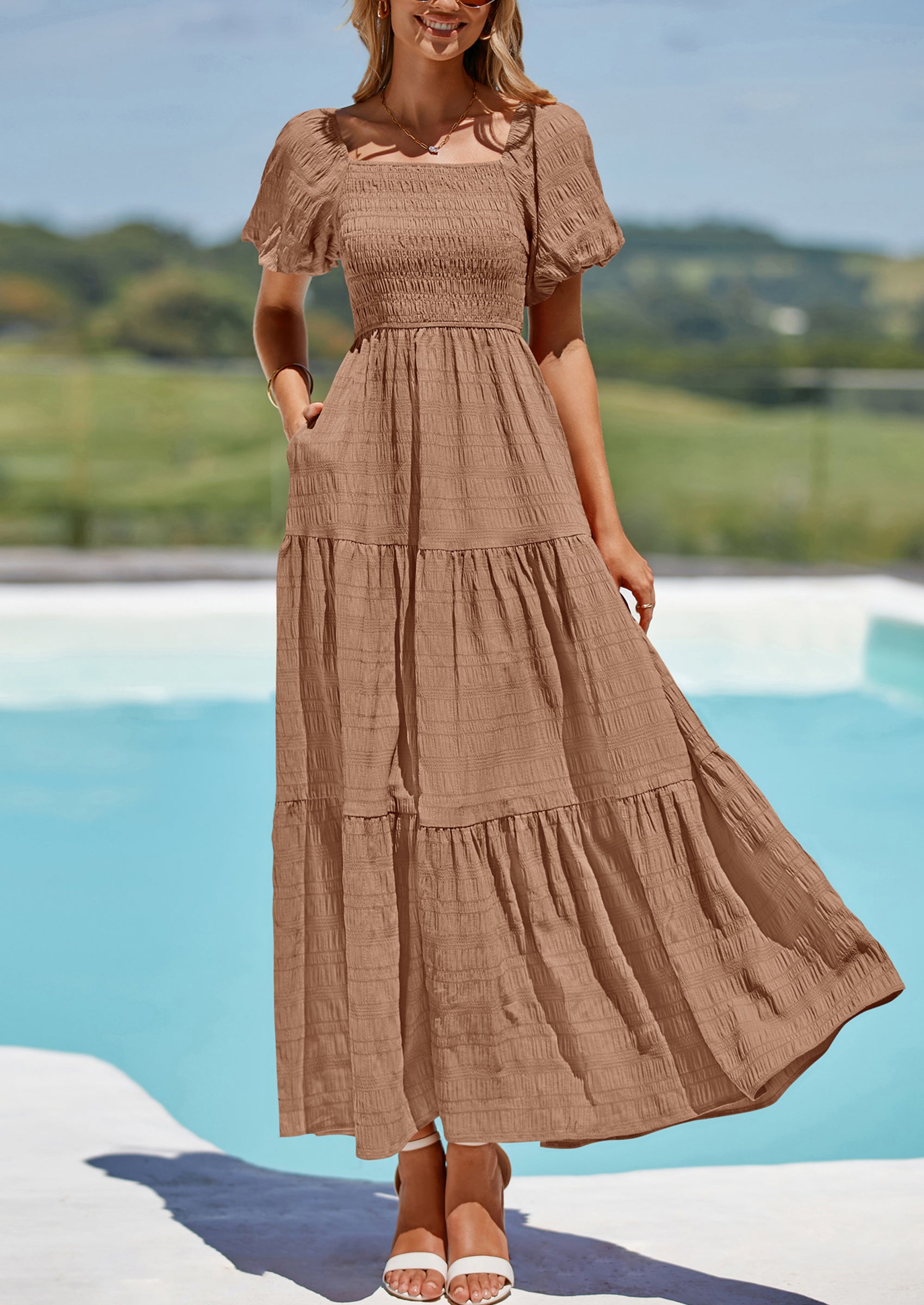 PRETTYGARDEN Womens Summer Puff Short Sleeve Maxi Dress Square Neck Smocked Tiered Ruffle A Line Long Flowy Beach Dresses