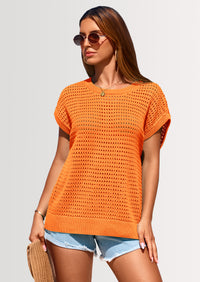 PRETTYGARDEN Womens Spring Tops Summer Shirts Crochet Cap Sleeve Sweater Pullover Cute Beach Vacation Clothes