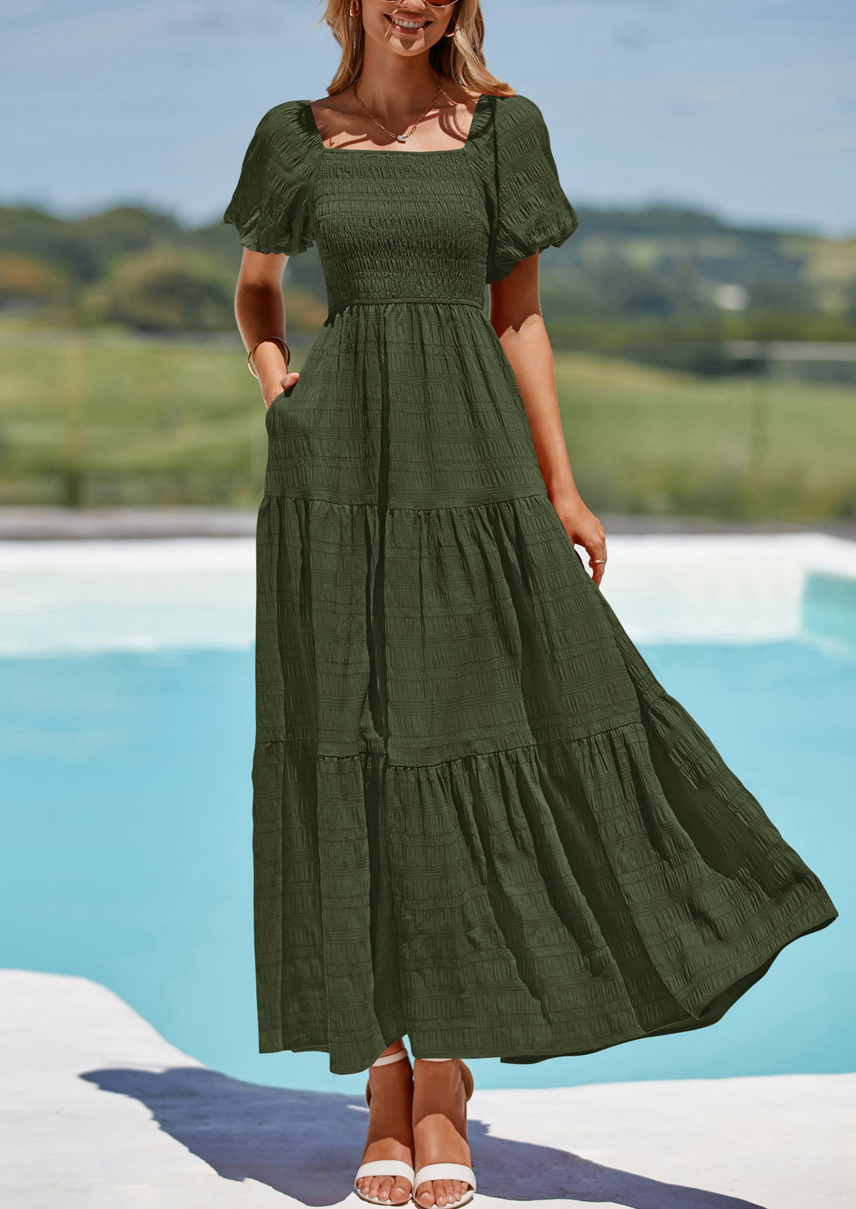 PRETTYGARDEN Womens Summer Puff Short Sleeve Maxi Dress Square Neck Smocked Tiered Ruffle A Line Long Flowy Beach Dresses