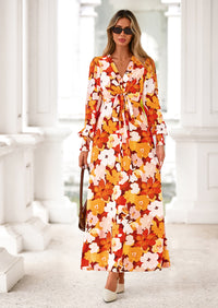 PRETTYGARDEN Women's Fall Boho Maxi Dress Floral Long Sleeve V Neck Flowy Belted Elegant Holiday Party Dresses