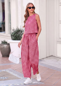 PRETTYGARDEN Womens 2 Piece Sets Summer Plaid Sleeveless Tops Wide Leg Pants Matching Lounge Set Beach Vacation Outfits