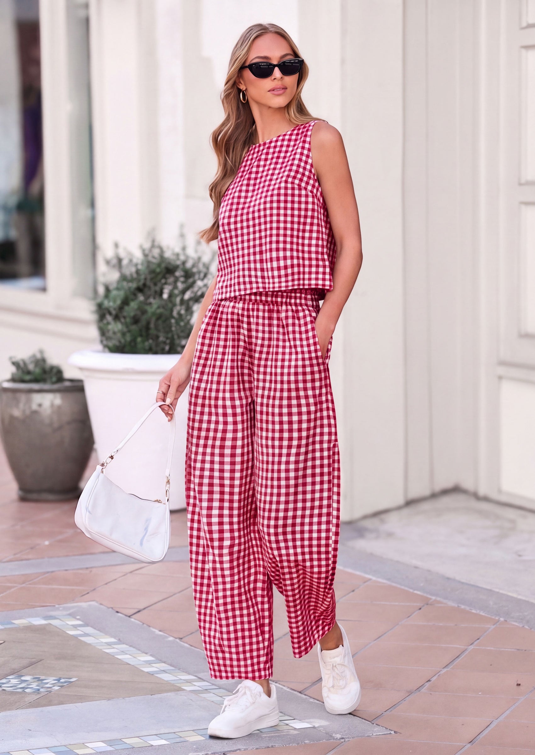 PRETTYGARDEN Womens 2 Piece Sets Summer Plaid Sleeveless Tops Wide Leg Pants Matching Lounge Set Beach Vacation Outfits