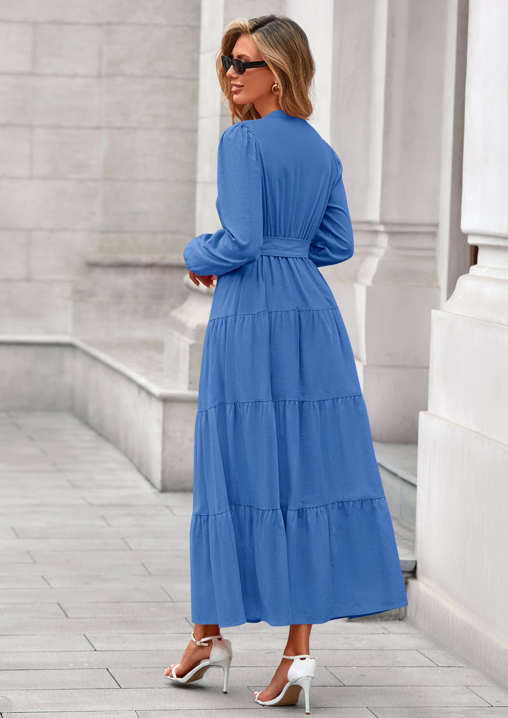 PRETTYGARDEN Fall Dresses for Women Long Sleeve V Neck Belted Ruffle A Line Flowy Boho Maxi Wedding Guest Dress Pockets