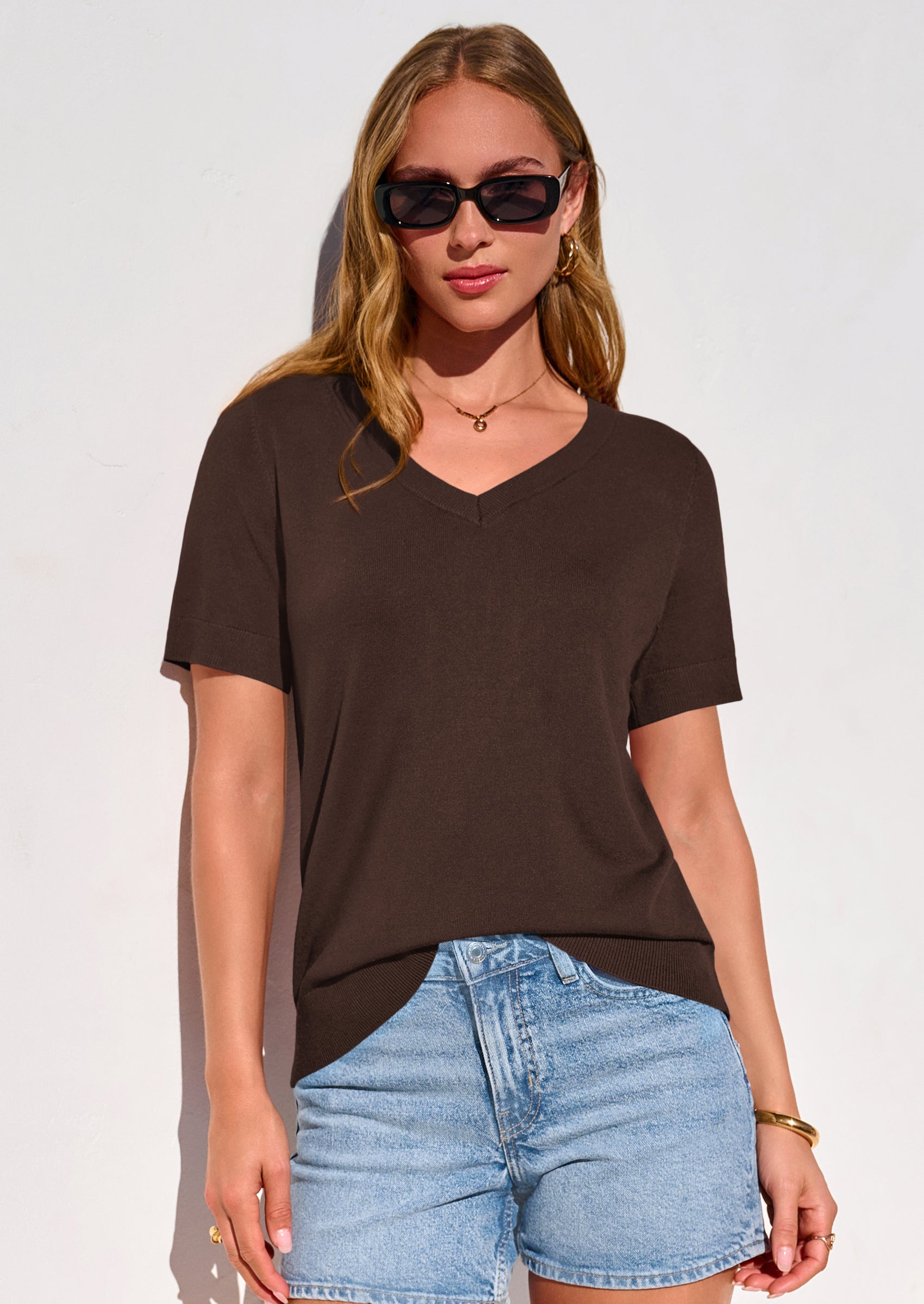 PRETTYGARDEN Womens Short Sleeve Sweater V Neck Trendy Pullover Tops Summer Spring Loose Lightweight Casual Blouse PRETTYGARDEN